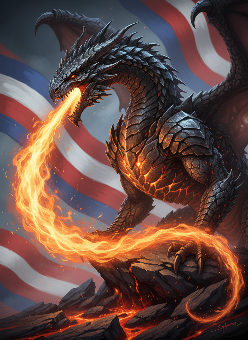 A close-up, photographic view of a massive, obsidian-scaled dragon perched on a rocky ledge, its chest glowing like a furnace as it exhales a controlled waterfall of flame. The fire arcs forward in a sweeping curve, illuminating a backdrop of stylized red, white, and blue stripes that run diagonally across the sky like streaks of paint. The lighting is dramatic, with the dragon rim-lit by its own fire, creating sharp reflections on its armor-like scales. Shot from a three-quarter angle with shallow depth of field, the dragon is in razor-sharp focus while the patriotic stripes blur slightly, giving a sense of speed and conviction. The atmosphere is bold, confrontational, and intense, echoing strong political conviction and fiery commentary.