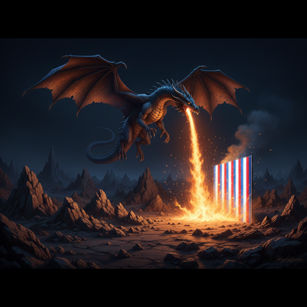 A wide, cinematic panorama shows a vast nighttime landscape under a dark indigo sky, dominated by a colossal dragon with sapphire and bronze scales hovering above the ground. From its open maw pours a cascading torrent of flame that splashes onto an abstract, vertical wall of red, white, and blue light stripes, as if scorching through barriers. The fire’s orange and gold glow is the primary light source, casting long, dramatic shadows across angular stone formations. Photographic realism emphasizes texture: individual scales, rough rock, and heat ripples in the air. The composition uses the rule of thirds, placing the dragon high and off-center, with the fiery impact point anchoring the lower frame. The mood is defiant, urgent, and resolute, suited to visually representing aggressive political activism.