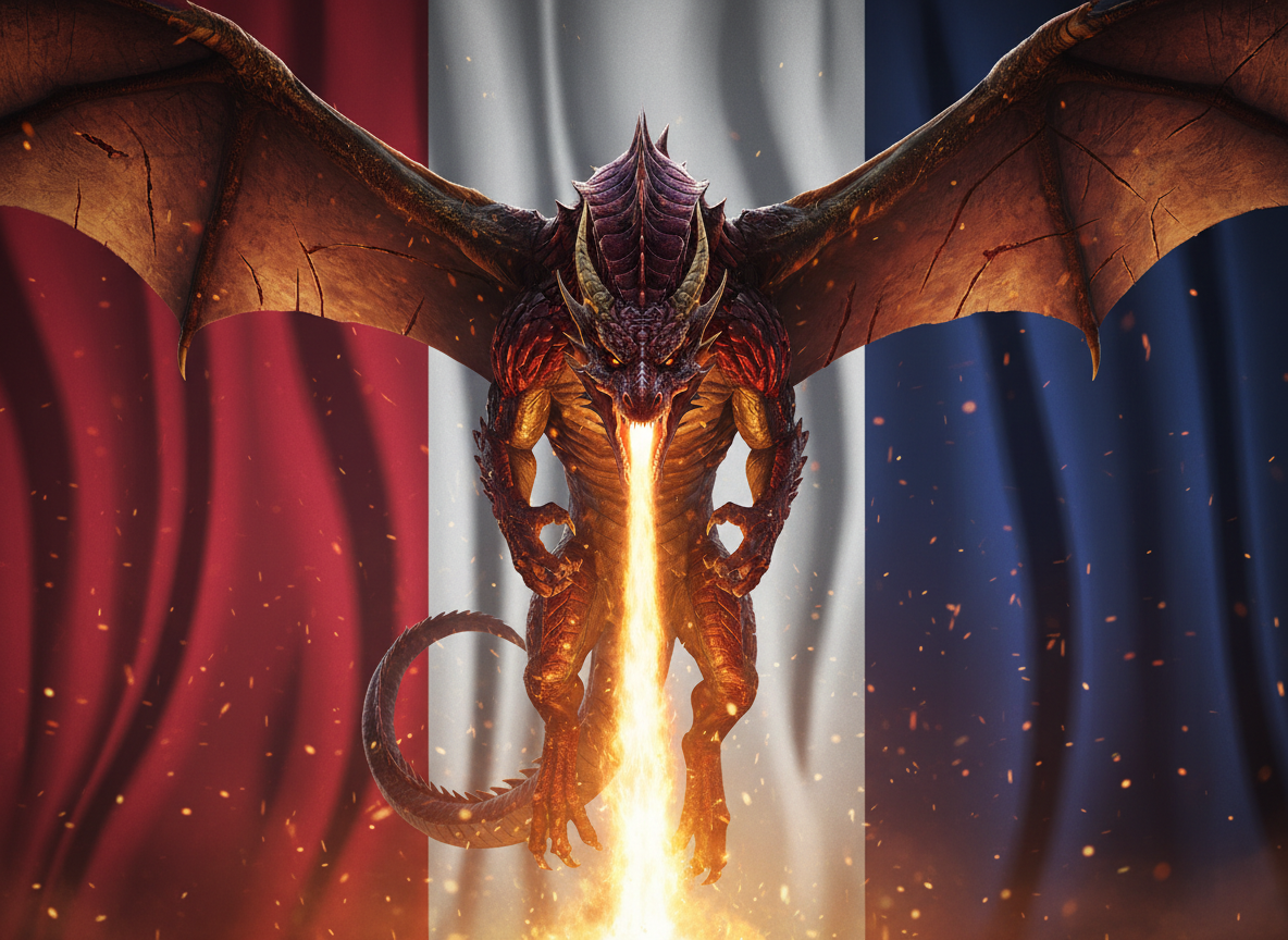 A towering, battle-scarred crimson-and-gold dragon dominates the frame, suspended mid-flight, jaws wide as it rains a focused stream of bright, molten fire straight downward. Behind it, immense vertical stripes of deep red, pure white, and rich navy blue stretch like a vast, rippling banner that fills the horizon. The scene is captured in sharp photographic realism from a slightly low angle, emphasizing power and scale. Harsh, dramatic lighting from the dragon’s fire casts intense highlights on its metallic scales and stark shadows across the bold stripes. Sparks and embers drift through the air, adding motion and energy. The mood is fierce, uncompromising, and patriotic, with a clean, centered composition suitable for a homepage hero image about conservative activism.