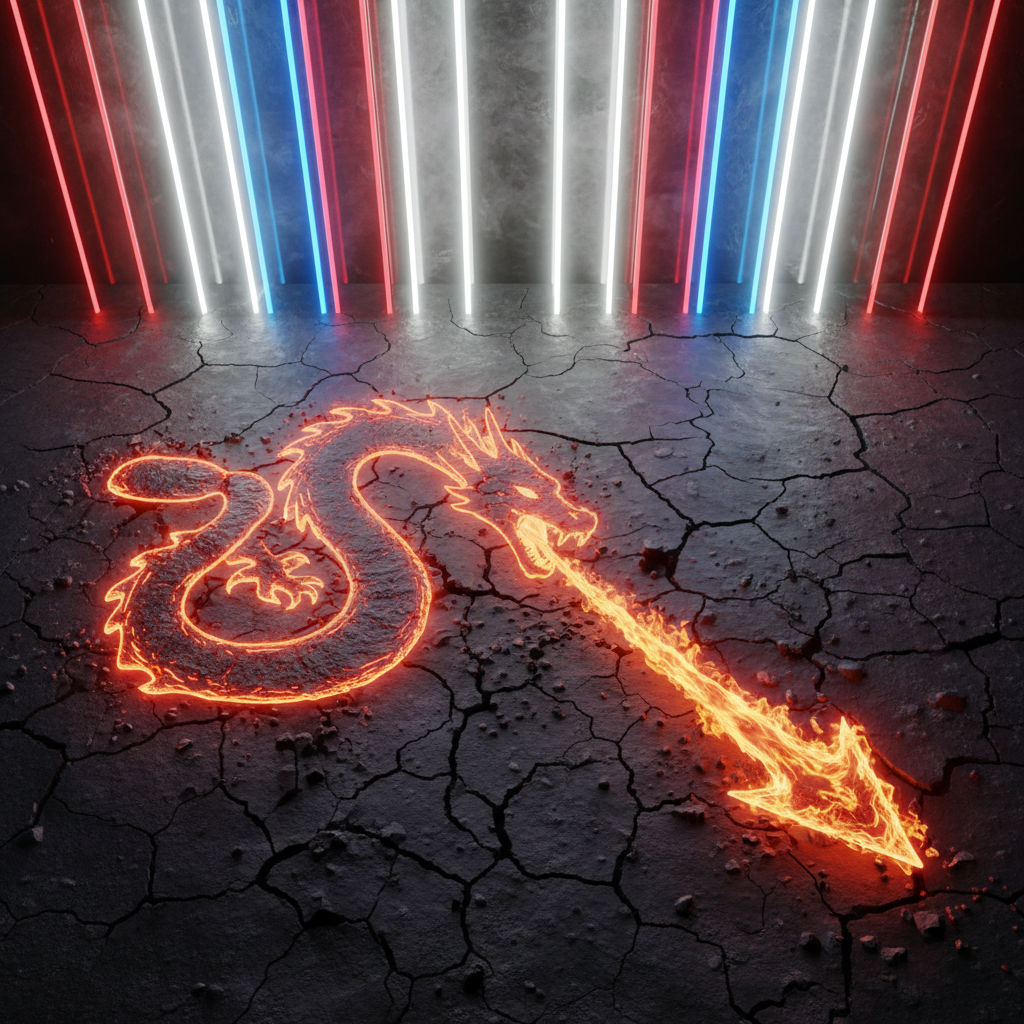A dynamic, photographic overhead shot captures a dragon-shaped silhouette of molten lava carved into a cracked, slate-gray plateau. From the dragon’s open mouth, a river of glowing fire flows forward, streaking toward a towering vertical backdrop of red, white, and blue stripes rendered as massive, glowing neon beams. The lava’s intense orange and yellow light is the only illumination, creating stark, graphic shadows across the fractured ground and reflecting off the glossy surfaces of the stripes. Fine details show heat shimmer and tiny flecks of cooling rock along the flow. The composition is bold and graphic, with strong leading lines pulling the eye from the dragon’s fiery mouth to the patriotic beams. The atmosphere is unapologetically intense and militant, ideal for header or section imagery on a hard-hitting conservative activism site.
