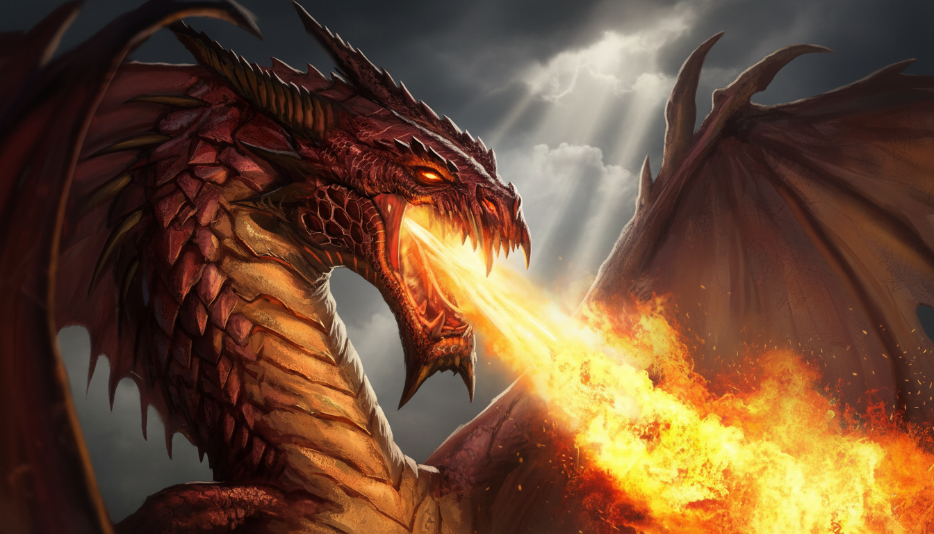 A dramatic, highly detailed fire-breathing dragon with massive wings spread wide, scales gleaming in deep crimson and burnished gold, unleashing a devastating torrent of brilliant orange and yellow flames. Epic fantasy art style, cinematic lighting, dark stormy sky background with dramatic god rays piercing through clouds, ultra-high detail on scales and musculature, intense glowing ember eyes, photorealistic digital painting quality.